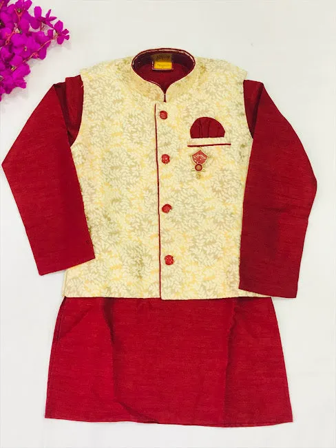 Elegant Maroon Color Boys Kurta Pajama Sets With Brooch Pin