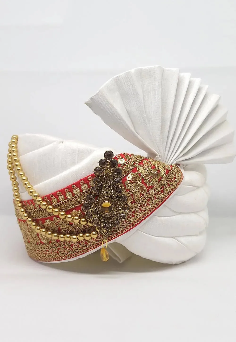 Embroidered Dupion Silk Turban In White