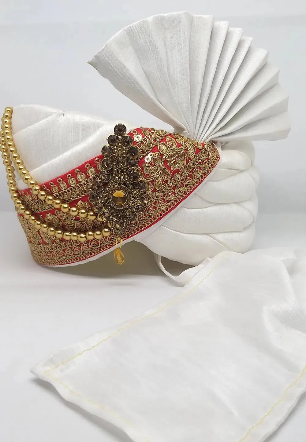 Embroidered Dupion Silk Turban In White