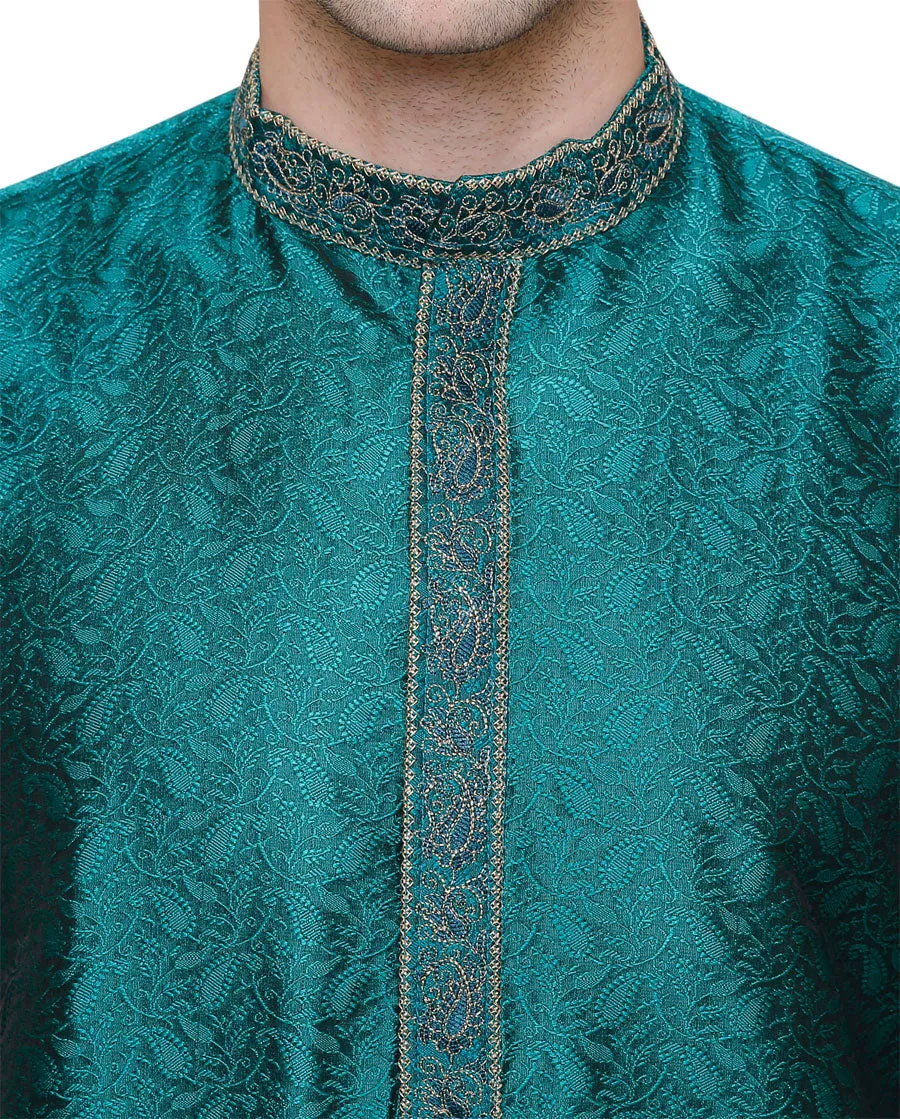 Embroidered Jacquard Silk Mens Kurta Pyjama Indian Clothes (Green)