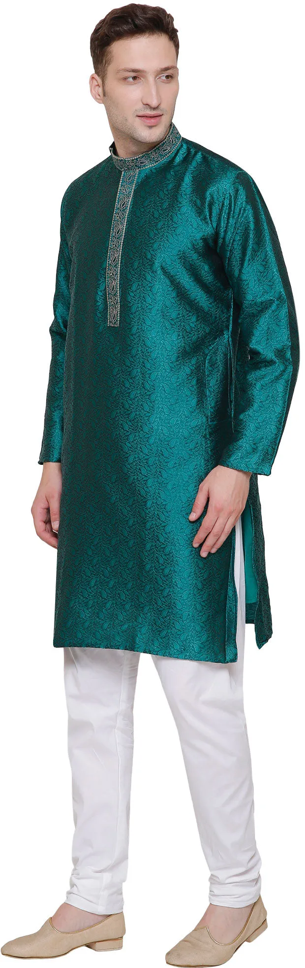 Embroidered Jacquard Silk Mens Kurta Pyjama Indian Clothes (Green)