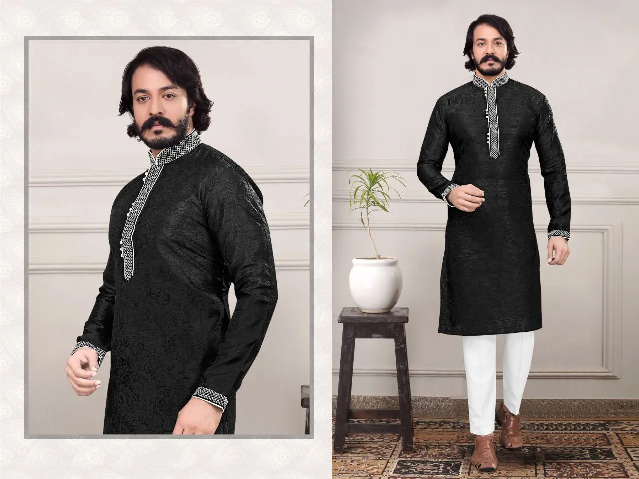 Embroidered Men's  Cotton Silk Kurta Pajama Set In Black