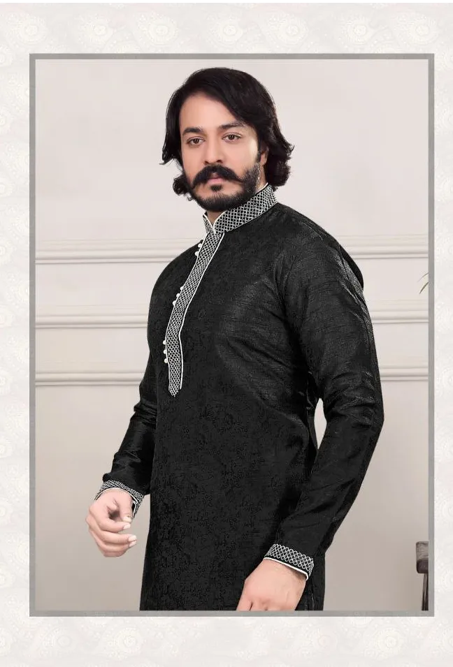 Embroidered Men's  Cotton Silk Kurta Pajama Set In Black