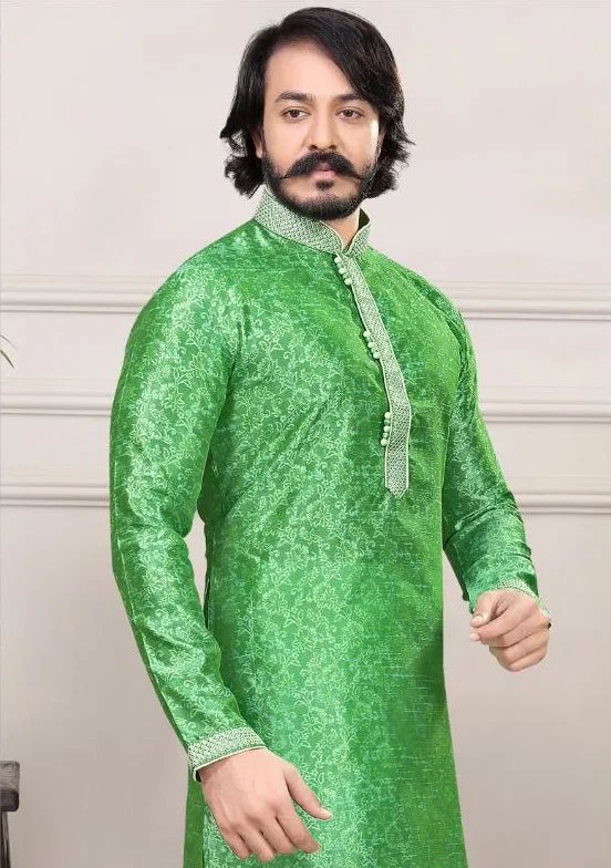 Embroidered Men's Cotton Silk Kurta Pajama Set In Light Green