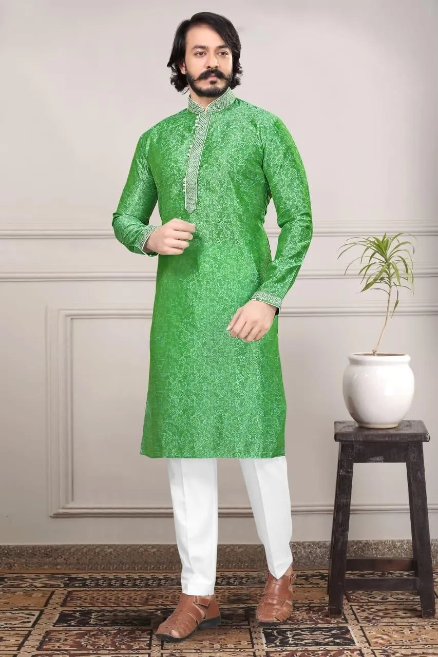 Embroidered Men's Cotton Silk Kurta Pajama Set In Light Green