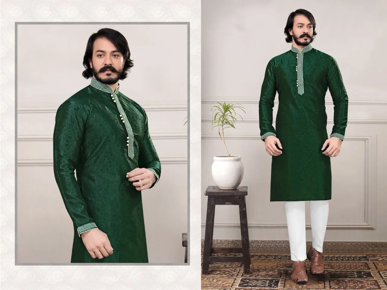 Embroidered Men's Pure Jacquard Cotton Silk Kurta Pajama Set In Green