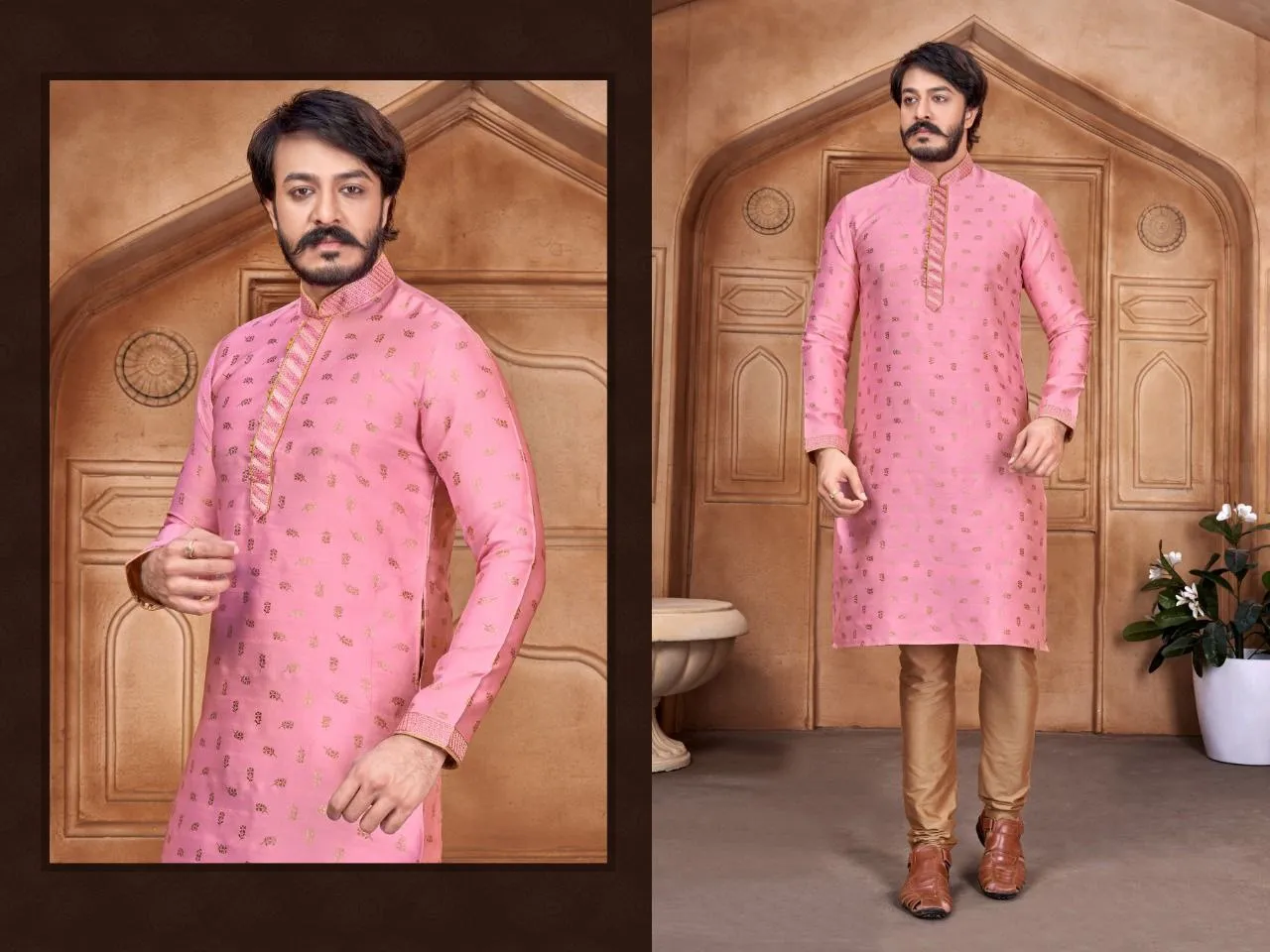 Embroidered Men's Pure Jacquard Leaf Work Kurta Pajama Set In Light Pink