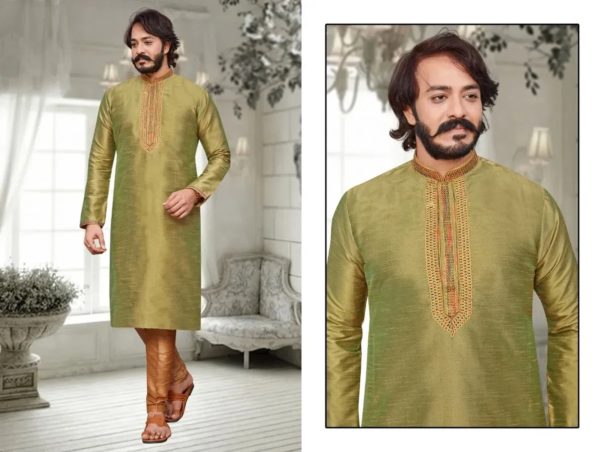 Embroidered Men's Stylish Long Kurta With Pajama Set - Two Tone Olive Green