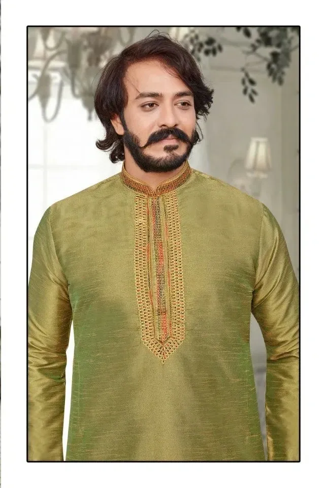 Embroidered Men's Stylish Long Kurta With Pajama Set - Two Tone Olive Green