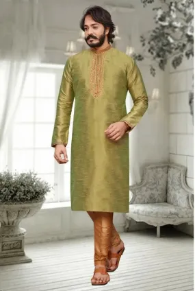 Embroidered Men's Stylish Long Kurta With Pajama Set - Two Tone Olive Green