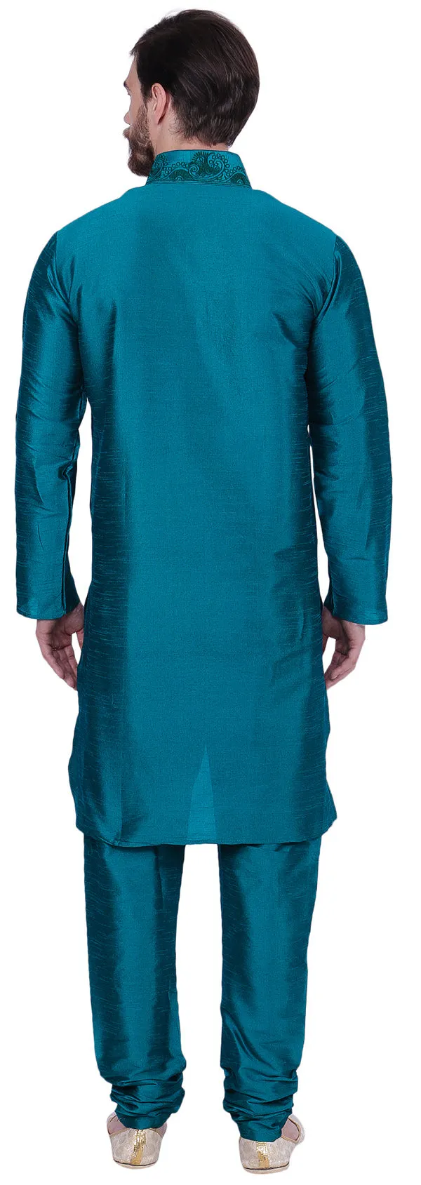 Embroidered Silk Mens Kurta Pyjama Indian Clothes (Turquoise)