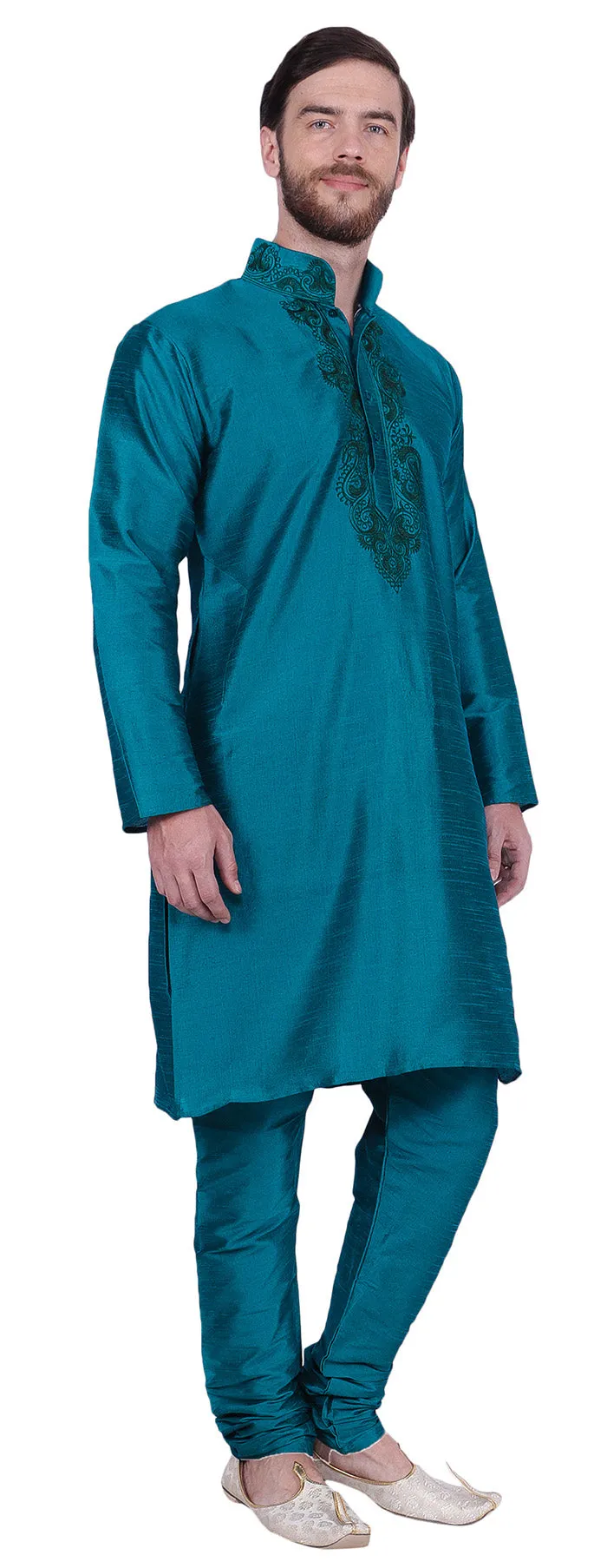 Embroidered Silk Mens Kurta Pyjama Indian Clothes (Turquoise)