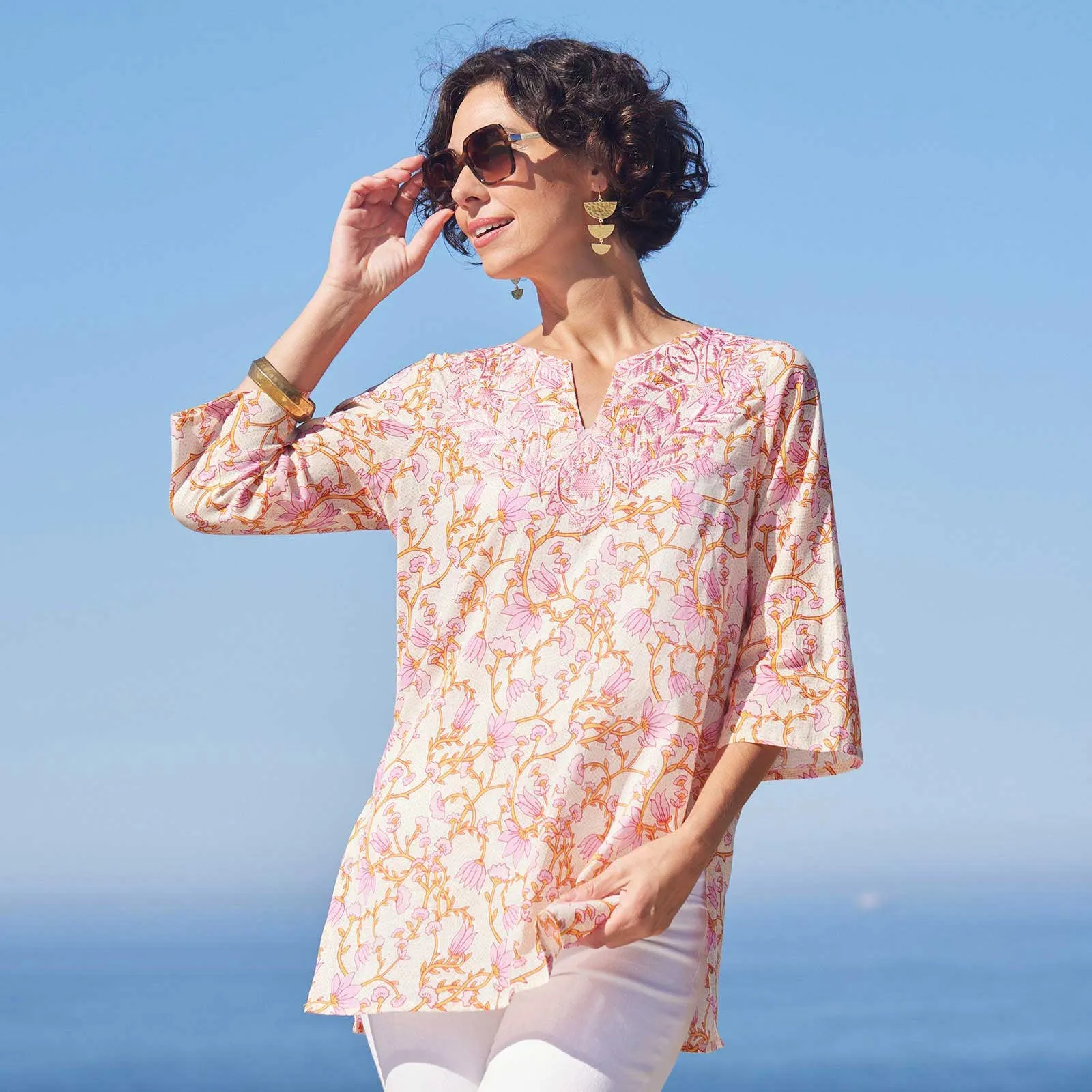 Fleur Pink blu Cotton Embroidered Kurta Tunic