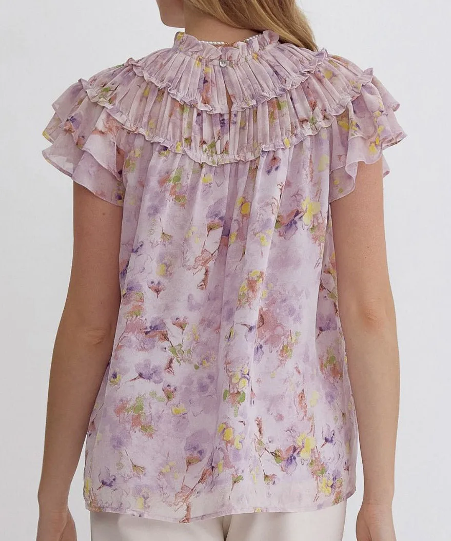 Floral Print Ruffle Sleeve Top - Lavender