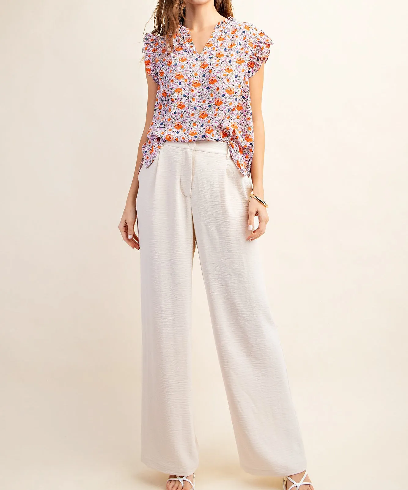 Floral Top with Ruffle Sleeves - Lavender Combo