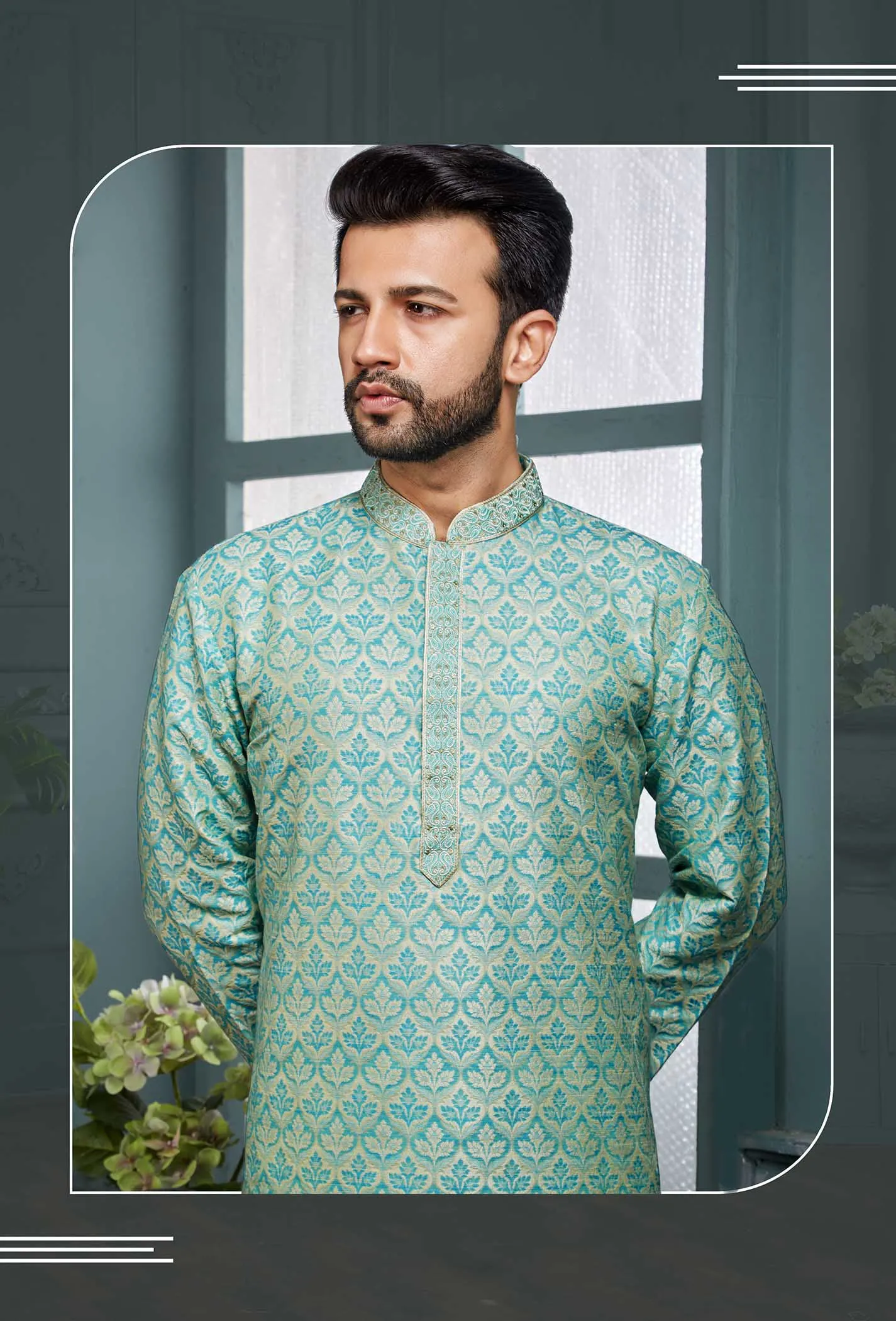 Gorgeous Sky Blue Color Poly Jacquard Kurta With Poly Cotton Pajama Sets