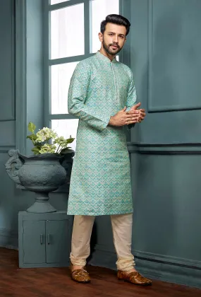 Gorgeous Sky Blue Color Poly Jacquard Kurta With Poly Cotton Pajama Sets