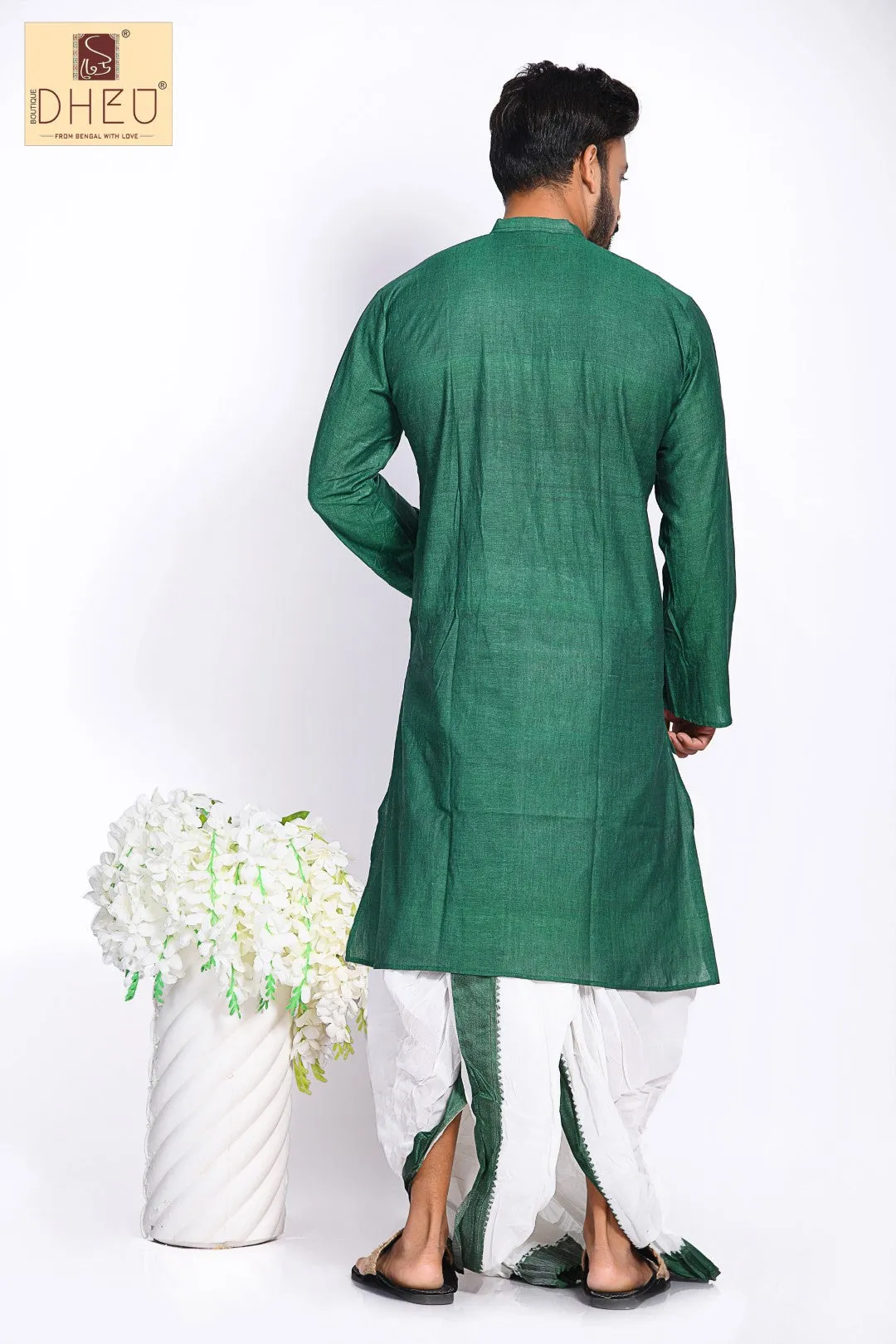 Green Kurta with Khes Border- Dhoti(optional) Kurta Full Set