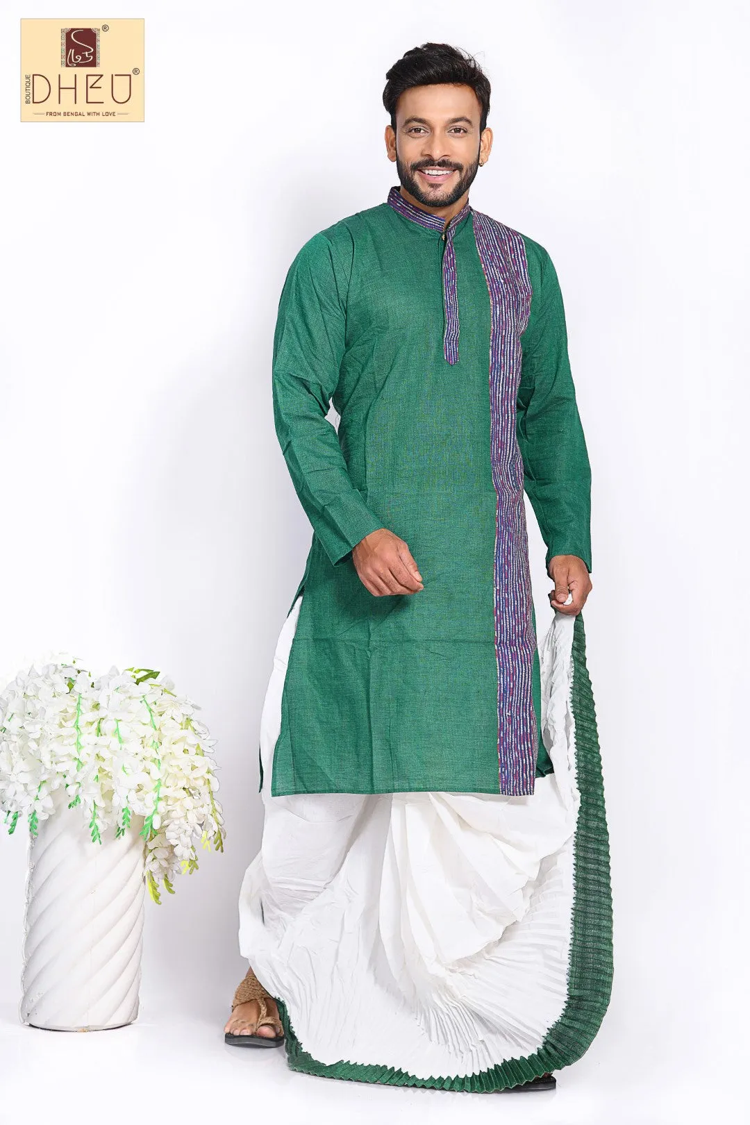 Green Kurta with Khes Border- Dhoti(optional) Kurta Full Set