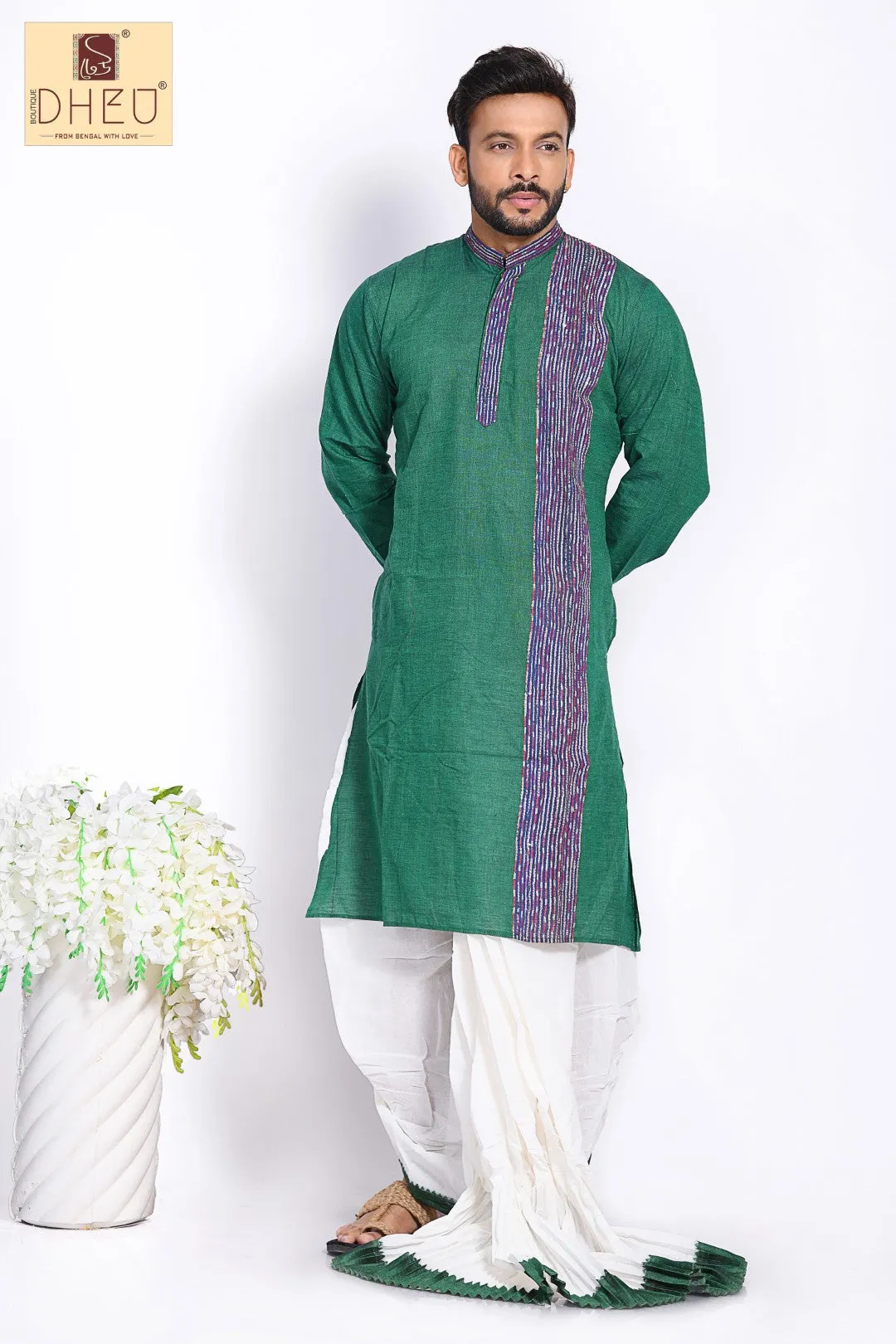 Green Kurta with Khes Border- Dhoti(optional) Kurta Full Set