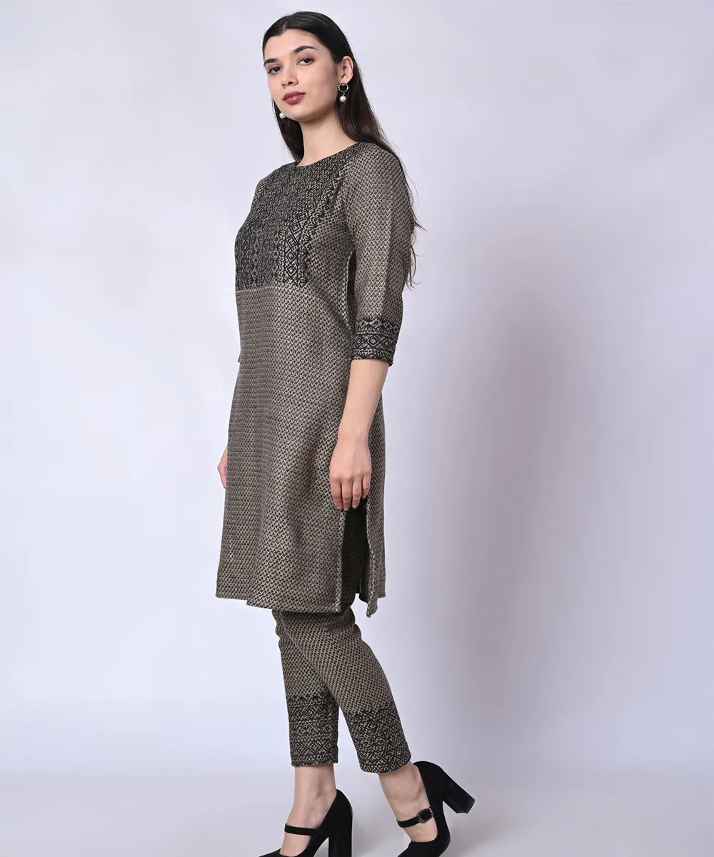 Grey hand block printed 3/4 sleeve woolen kurta set