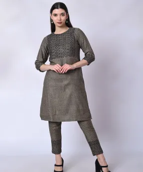 Grey hand block printed 3/4 sleeve woolen kurta set