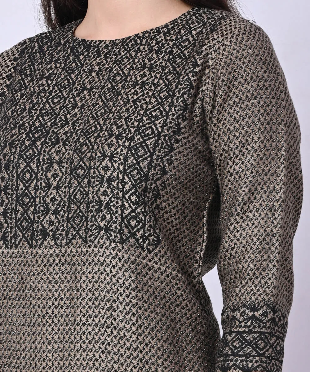 Grey hand block printed 3/4 sleeve woolen kurta set