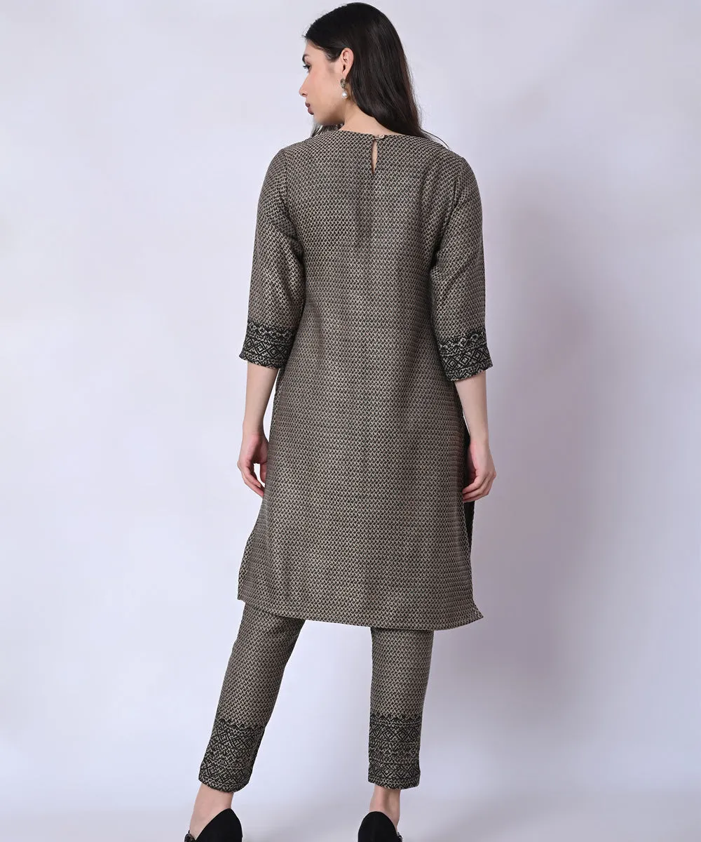 Grey hand block printed 3/4 sleeve woolen kurta set