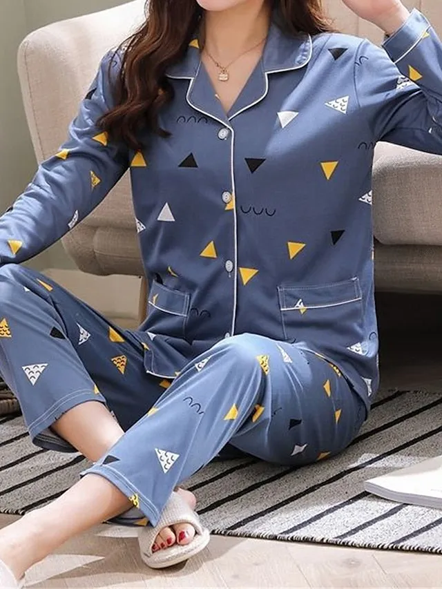 Heart Print Bear Women's Pajama Set with Lapel Shirt