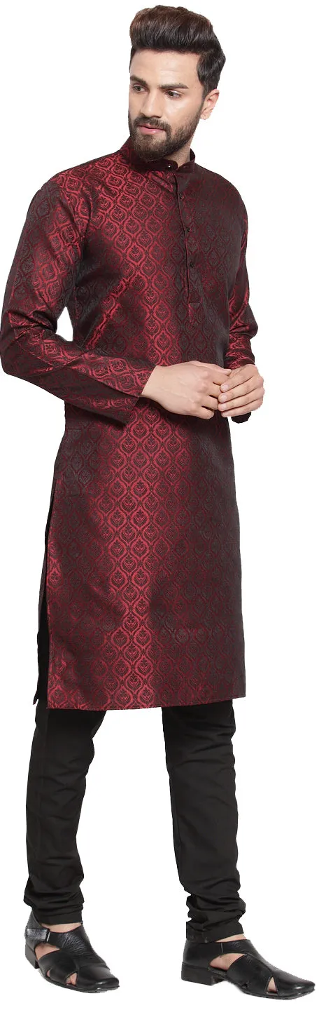 Indian Ethnic Jacquard Silk Men's Kurta Pyjama (Maroon)