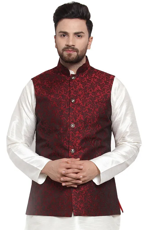 Jacquard Men's Indian Traditional Nehru Jacket Sleeveless (Maroon)