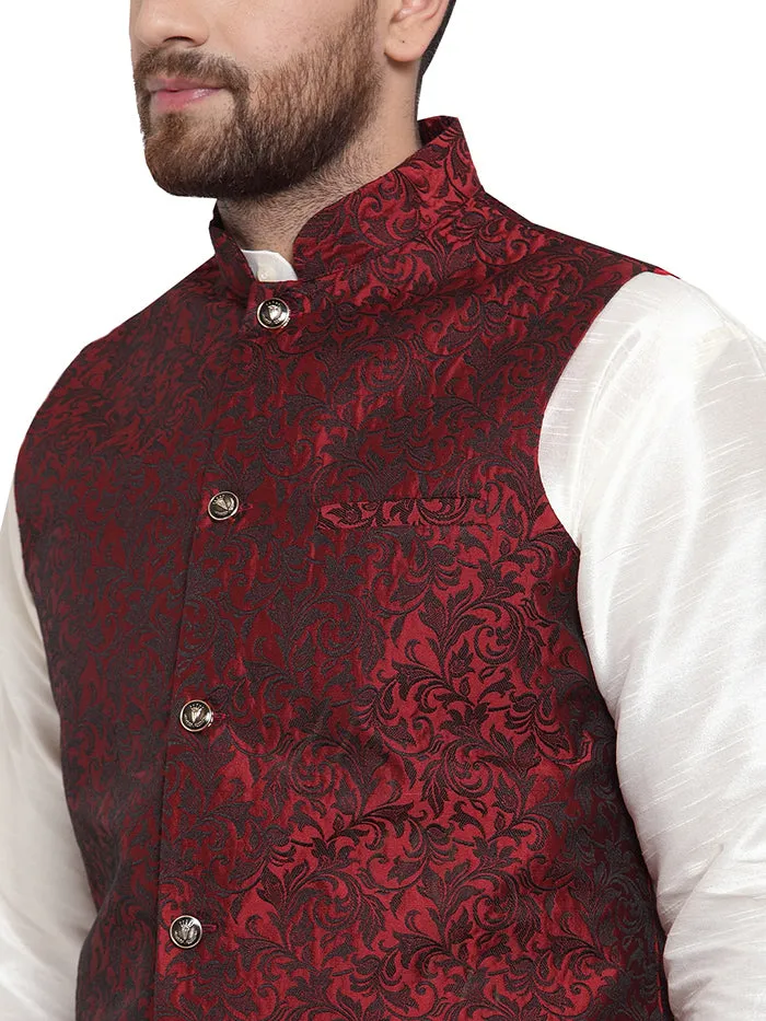 Jacquard Men's Indian Traditional Nehru Jacket Sleeveless (Maroon)