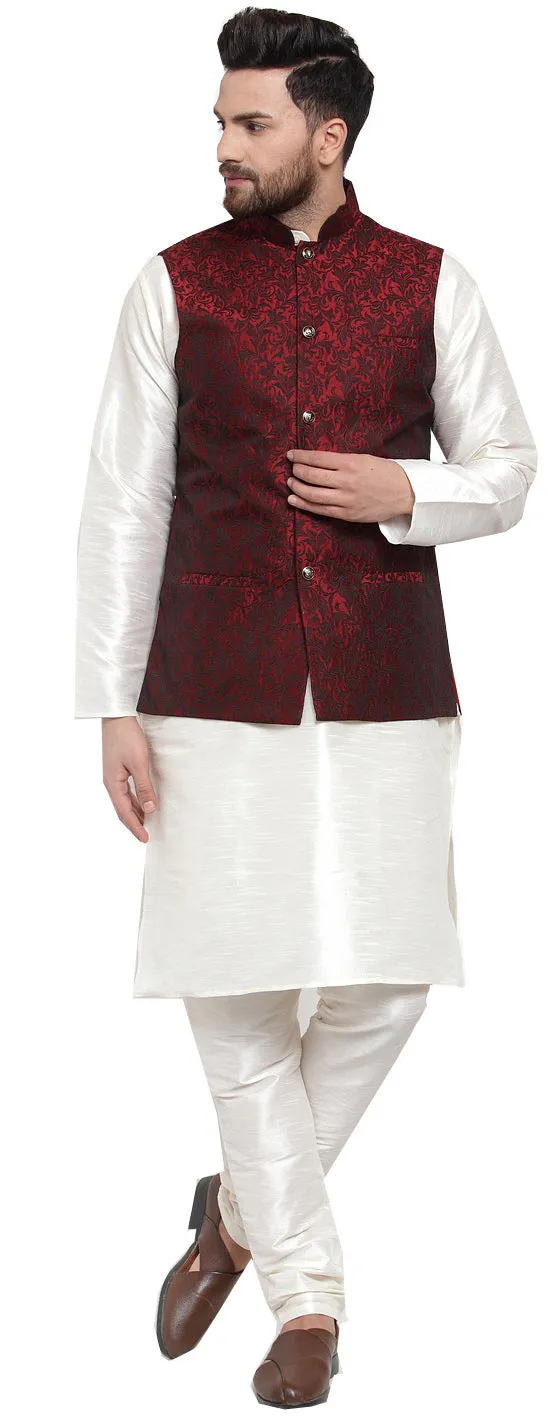 Jacquard Men's Indian Traditional Nehru Jacket Sleeveless (Maroon)