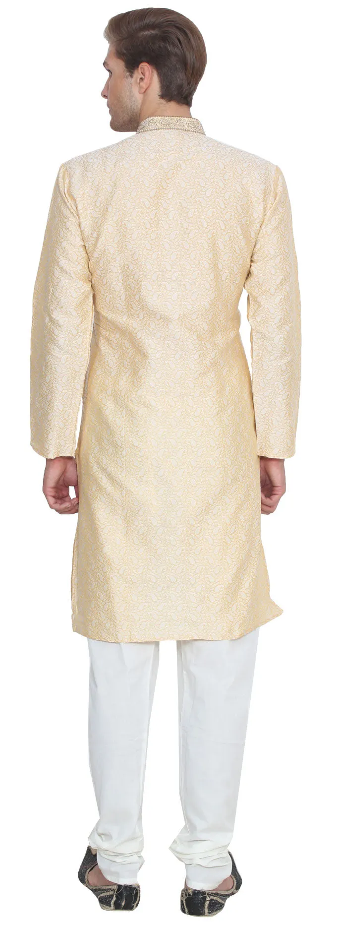 Jacquard Silk Embroidered Men's Kurta Pajama India Clothing (Gold)