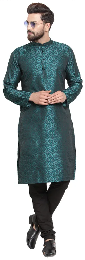 Jacquard Silk Men's Kurta Pyjama Evening Wear India Apparel (Turquoise)