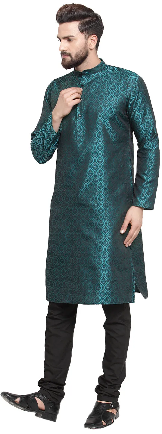 Jacquard Silk Men's Kurta Pyjama Evening Wear India Apparel (Turquoise)