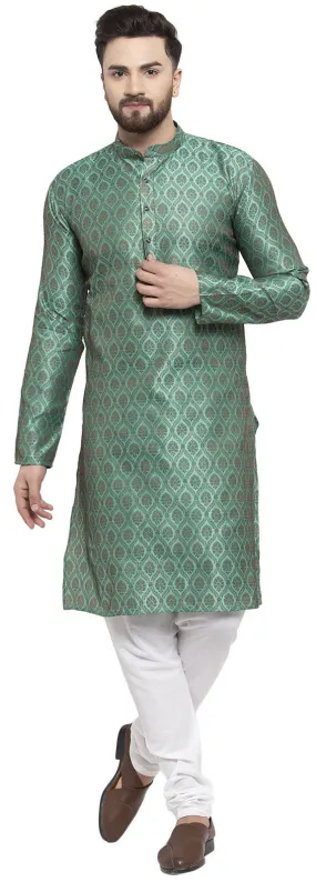 Jacquard Silk Men's Kurta Pyjama Party Wear India Apparel (Green)