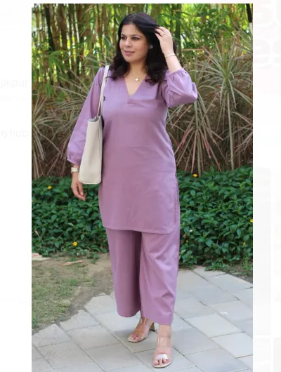 Lilac Petite Plain Cotton Kurta Pant Suit for Women