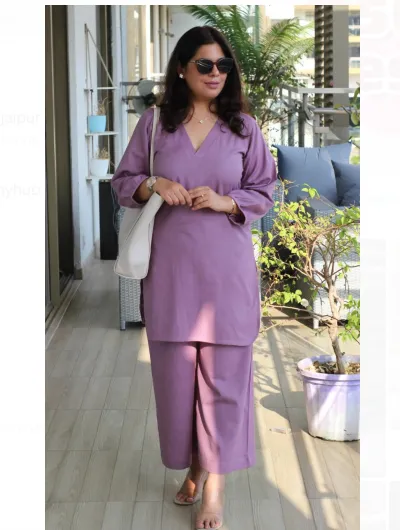 Lilac Petite Plain Cotton Kurta Pant Suit for Women