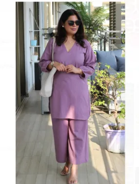 Lilac Petite Plain Cotton Kurta Pant Suit for Women