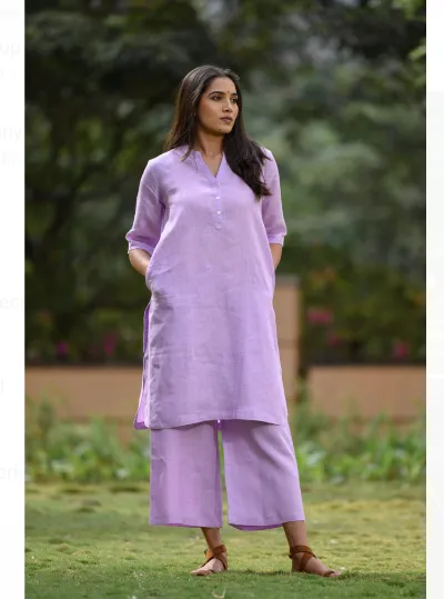 Lilac Plain Cotton Kurta Pant Set for Women