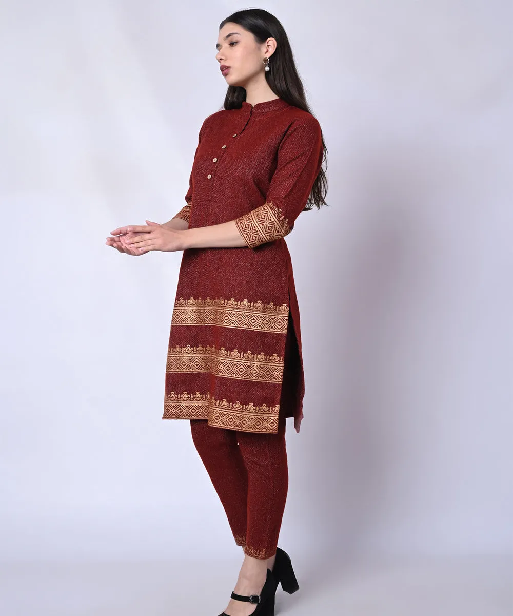 Maroon golden handblock printed woolen kurta set