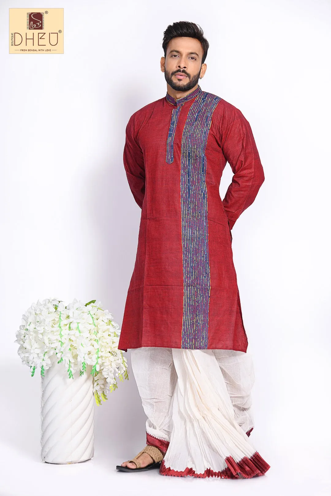 Maroon Kurta with Khes Border- Dhoti(optional) Kurta Full Set