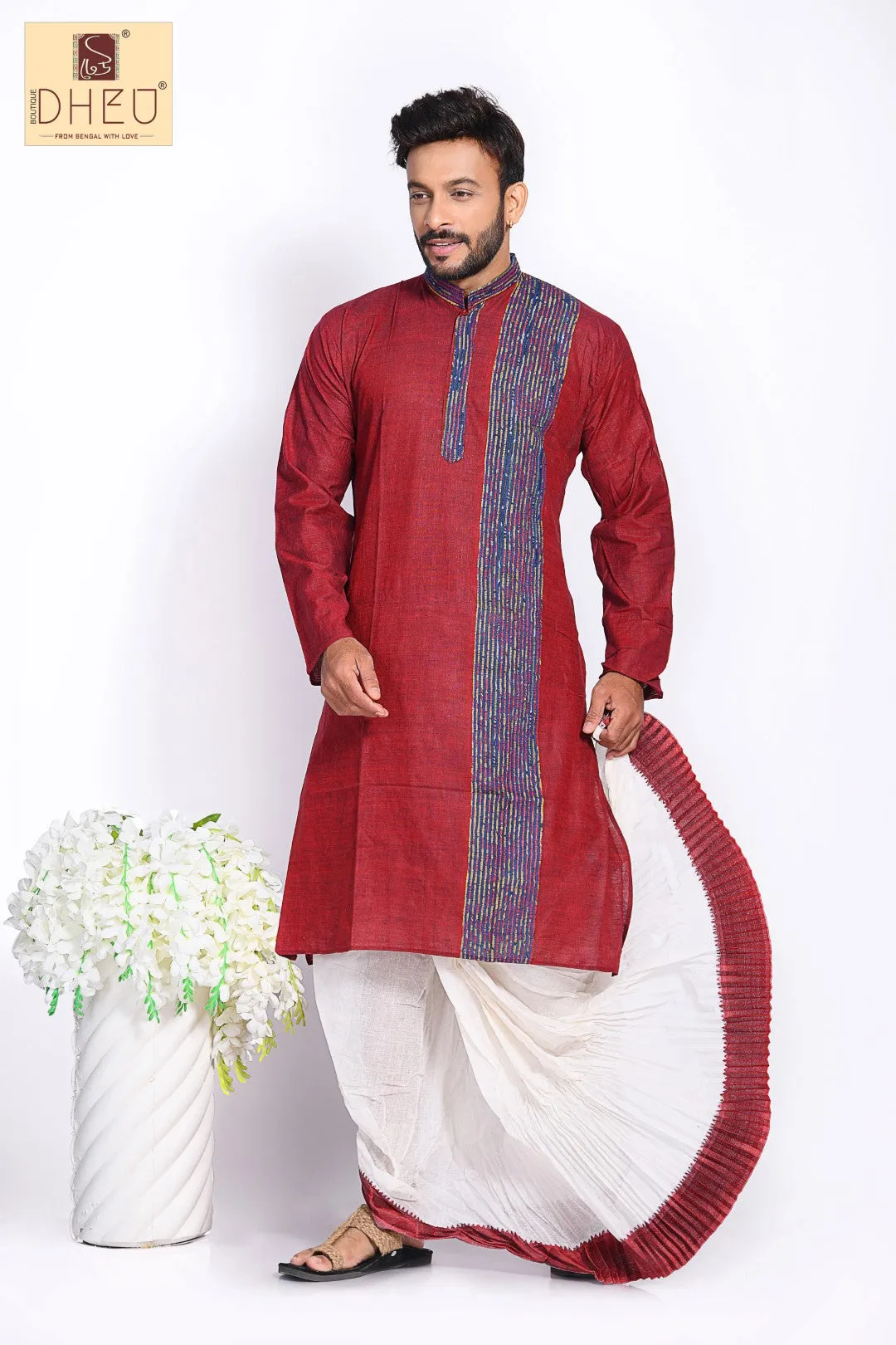 Maroon Kurta with Khes Border- Dhoti(optional) Kurta Full Set