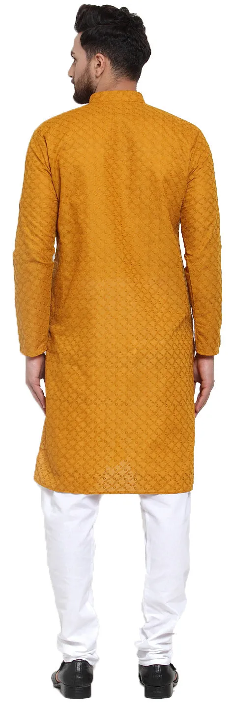 Men's Cotton Chikan Kurta Pajama Evening Wear India Apparel (Mustard)