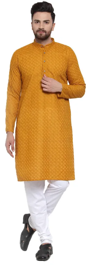 Men's Cotton Chikan Kurta Pajama Evening Wear India Apparel (Mustard)