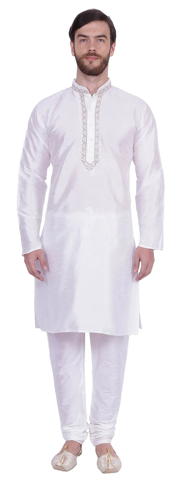 Men's Dupion Silk Kurta Pajama with Scarf India Clothing (Off-White)