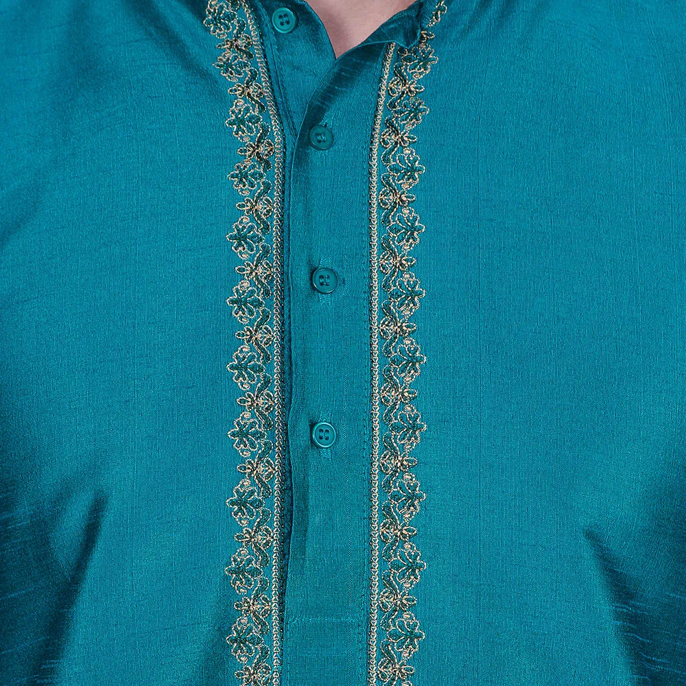 Men's Dupion Silk Kurta Pajama with Scarf India Clothing (Turquoise)