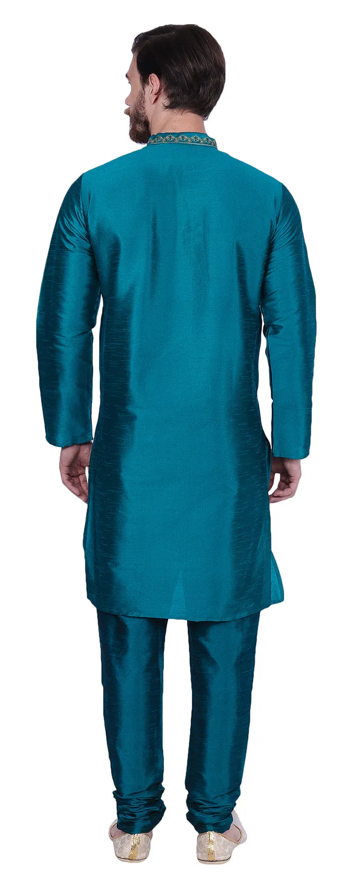 Men's Dupion Silk Kurta Pajama with Scarf India Clothing (Turquoise)