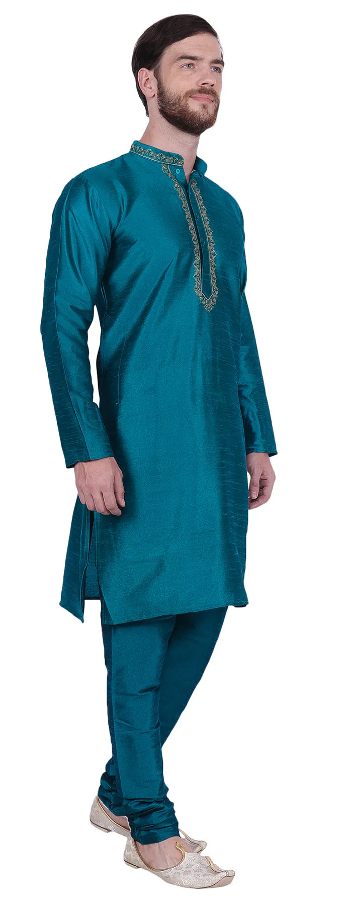 Men's Dupion Silk Kurta Pajama with Scarf India Clothing (Turquoise)